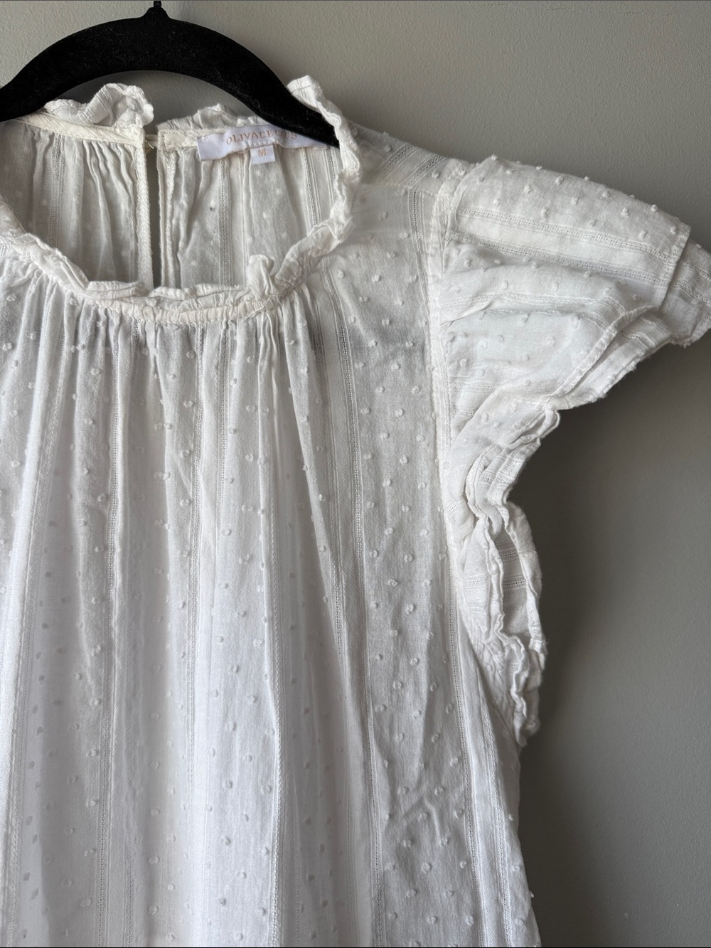 Olivaceous White Swiss Dot Ruffle Sleeve Women's dress cotton Medium pockets